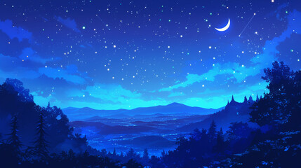 Fototapeta premium 森の中に流れる雲と星空と三日月 Generative AI