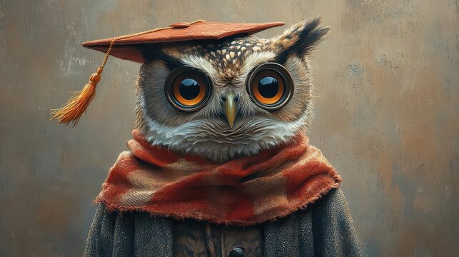 a comical lineup of owls wearing graduation caps standing shoulder to shoulder against a soft neutral background embodying wisdom and achievement in a lighthearted and whimsical manner