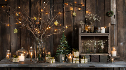 Obraz premium Alternative Eco christmas tree made from branches and lights. Creative Tree DIY on holiday Interior background. Rustic Idea Zero waste decorations at xmas