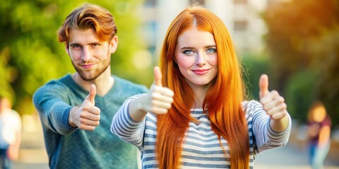 Brightly smiling, a young woman with red hair gives a thumbs-up, while nearby her boyfriend humorously displays a