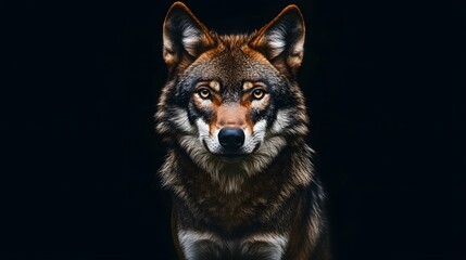 Fototapeta premium Portrait of a wolf, looking at the camera, against a black background