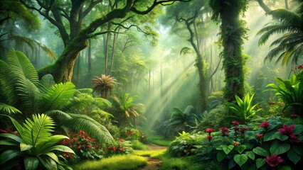 Fototapeta premium Sunbeams pierce through the dense foliage of a lush, vibrant jungle, illuminating a hidden path leading deeper into the verdant canopy.