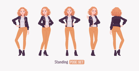 Pretty curly young trendy woman in urban autumn jacket standing set, chic fall season casual outings look, ambitious motivated female feeling confident, comfort in cooler weather. Vector illustration