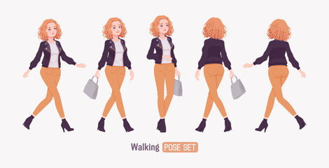 Pretty curly young trendy woman in urban autumn jacket walking set, chic fall season look for casual outings, ambitious motivated female feeling confident, comfort in cool weather. Vector illustration