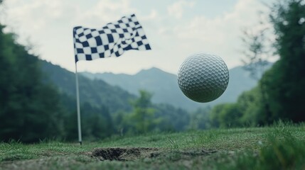 Obraz premium A golf ball about to drop into the hole on a picturesque green, with a flag fluttering in the breeze