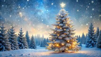 Naklejka premium Bright, sparkling lights illuminate frosted fir branches, creating a stunning display against a peaceful winter