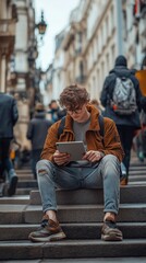 A young man in a crowded place is using a tablet while sitting on steps.