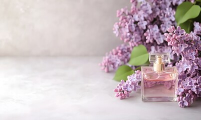 Obraz premium Elegant Lilac Flowers with Perfume Bottle Arrangement, Generative AI 