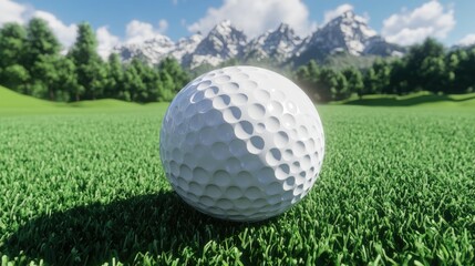 Obraz premium A golf ball sitting perfectly on a grassy knoll, with mountains and clear skies in the background