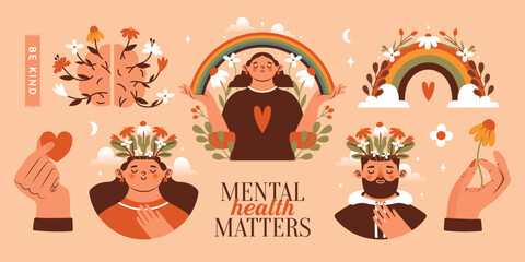 Mental health matters. Collection of naive isolated illustrations with abstract person, woman, man. Flowers and plants growing from head and brain. Hands holding rainbow, heart and flower. 