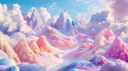 A dreamy landscape featuring pastel mountains and soft clouds, creating a serene and enchanting atmosphere.