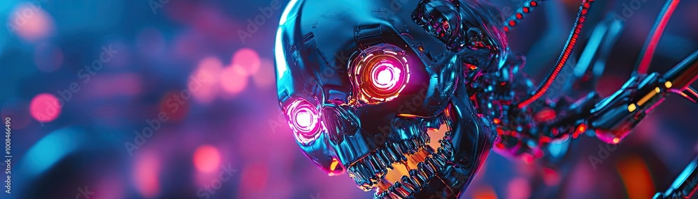 Poster futuristic robotic skull with glowing eyes, showcasing advanced technology and neon colors in a cybe