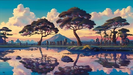 ゲーム背景　夜明けのファンタジーゲーム背景巨大樹生命の木	と人類が滅びた世界
