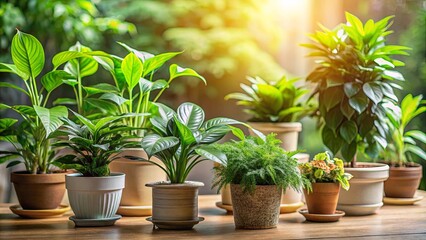 A collection of vibrant green potted plants, bathed in the warm glow of sunlight, showcasing the beauty of indoor greenery and the transformative power of nature.