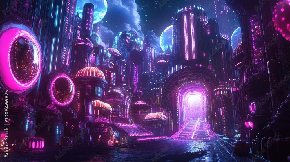 Poster a vibrant neon cityscape with futuristic architecture, illuminated by glowing planets and colorful l