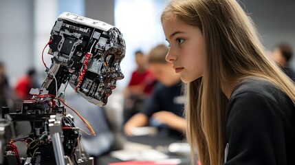 Curious Female Student Examining Advanced Robotic Technology in Classroom