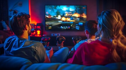 Fototapeta premium Friends Enjoying Video Game Night in Cozy Living Room