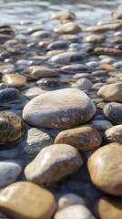 Smooth stones submerged in shallow water with gentle reflections.