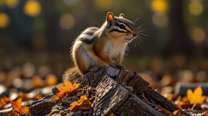 Obraz premium Squirrel on Wood in Autumn Foliage