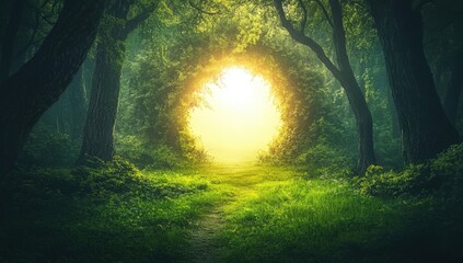 Fototapeta premium A mystical forest scene with a glowing light at the end of a green path, surrounded by tall trees and lush foliage.