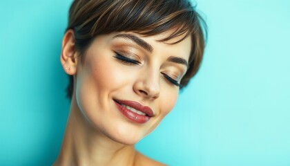 Fototapeta premium A woman with short hair is smiling, and her eyes are closed happily