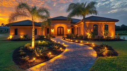 Elegant Home with Beautiful Landscape at Sunset