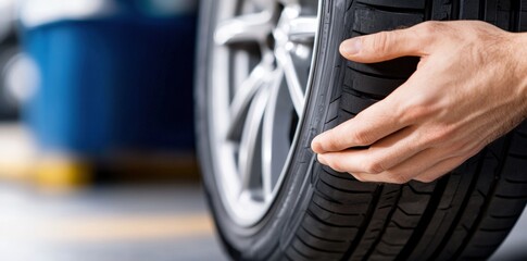 Obraz premium A person examines a car tire, checking its condition in a garage setting, highlighting vehicle maintenance and safety.