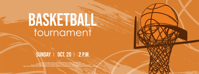 Grunge textured invitation for basketball game tournament. Sport background with basketball hoop and ball. Basketball tournament. Vector illustration © Julisart