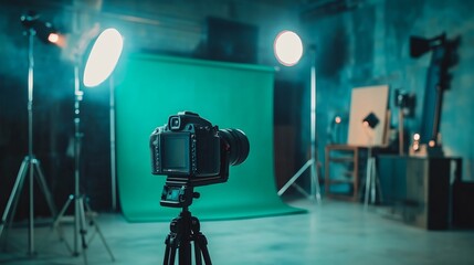 Professional photo studio with green chromatic background, photo and lighting equipment. Video shooting concept.