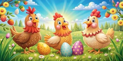 Bubbly cartoon hens cheerfully celebrate Easter in a lively spring setting, surrounded by brightly colored eggs,