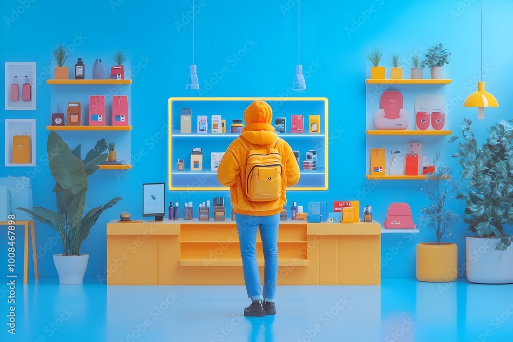 Aufkleber flat style character exploring a virtual 3d product display store in colorful blue and orange tones