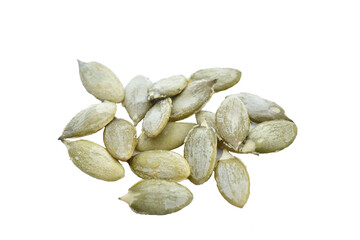 Peeled pumpkin seeds lie in a pile on a white background.