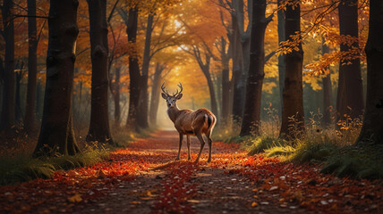 Serene Autumn Pathway with Majestic Deer