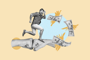 Creative collage young man run fists hands fight cooperation unity trust team baknotes flight wings birds trader success cash