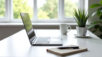 Fototapeta premium A minimalist workspace featuring a sleek laptop, a notebook with a pen, a coffee cup, and a potted plant on a white desk, set against a backdrop of large windows with soft, natural light.