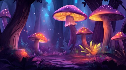 Glowing mushrooms illuminate a magical forest path.