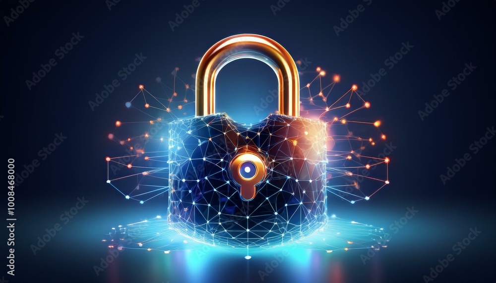 Poster cyber security concept. lock symbol from lines and triangles, point connecting network on blue backg