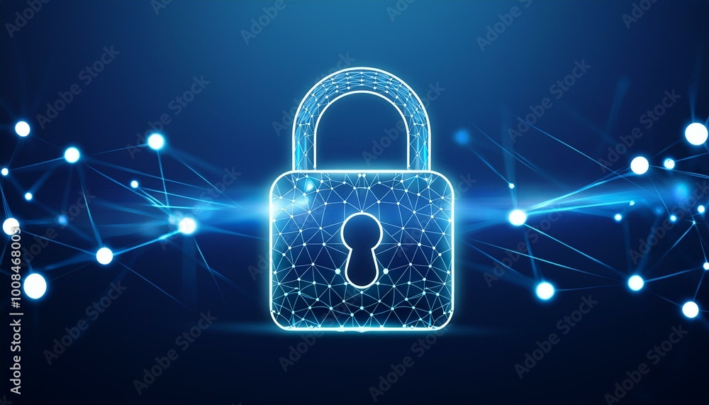 Poster cyber security concept. lock symbol from lines and triangles, point connecting network on blue backg