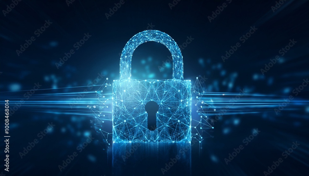 Poster cyber security concept. lock symbol from lines and triangles, point connecting network on blue backg