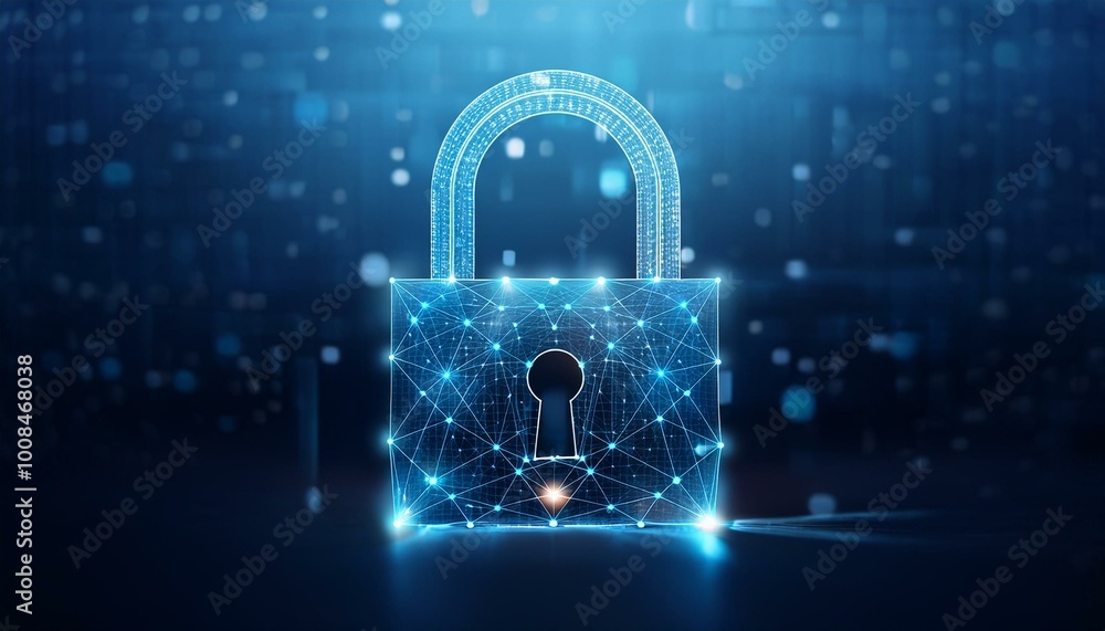 Poster cyber security concept. lock symbol from lines and triangles, point connecting network on blue backg