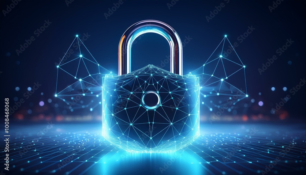 Poster cyber security concept. lock symbol from lines and triangles, point connecting network on blue backg