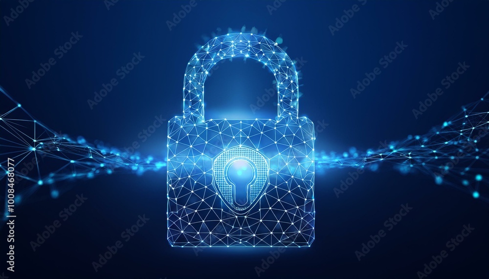 Poster cyber security concept. lock symbol from lines and triangles, point connecting network on blue backg