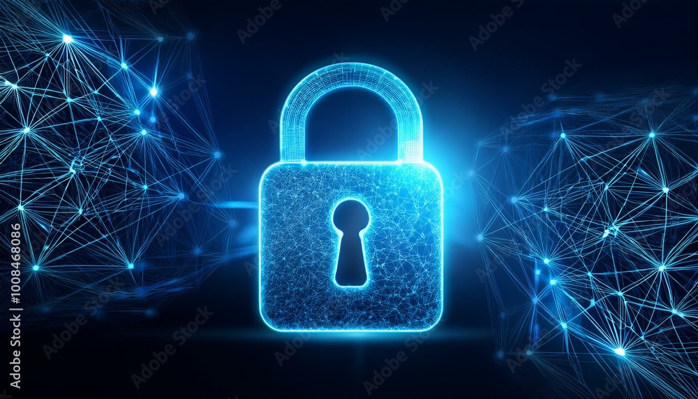 Poster cyber security concept. lock symbol from lines and triangles, point connecting network on blue backg