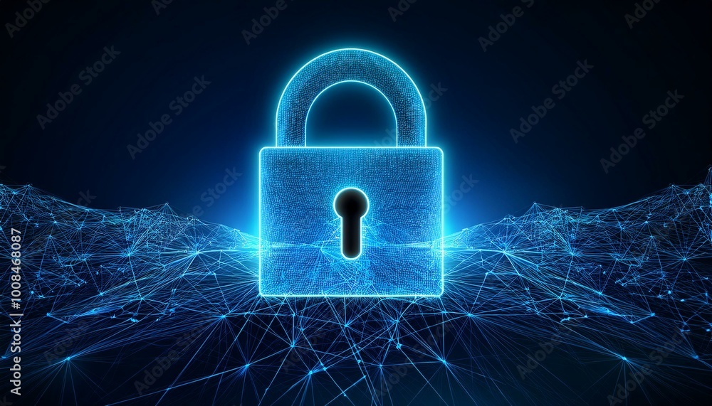 Poster cyber security concept. lock symbol from lines and triangles, point connecting network on blue backg