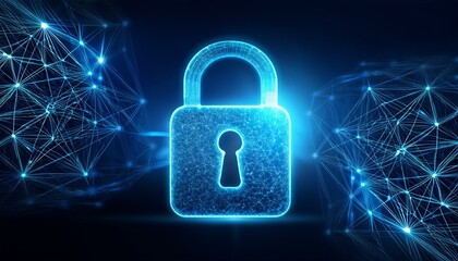 Cyber security concept. Lock symbol from lines and triangles, point connecting network on blue background. 3d padlock against a neon light blue with a dark background