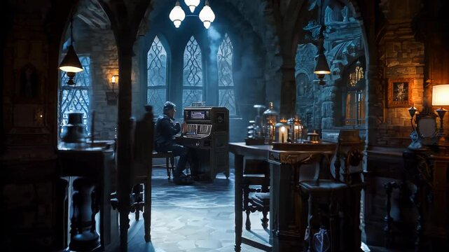 Stone arched doorway frames cozy castle interior. Moonlight streams through gothic windows, illuminating vintage jukebox. 