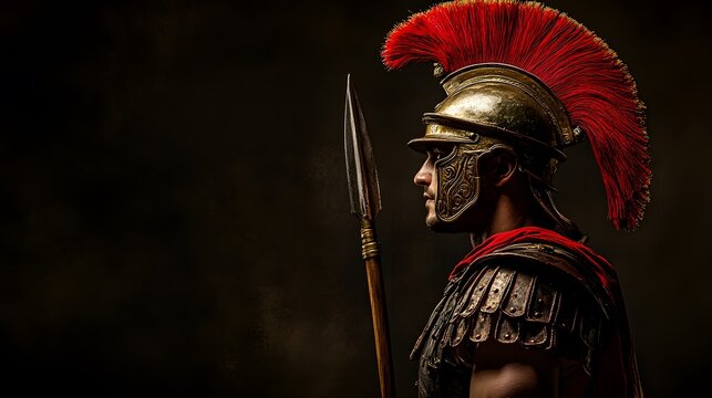 37. Roman centurion standing tall with a red plume helmet and spear