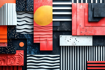 3D Abstract Background, Red Black White Stripes Geometric Shapes