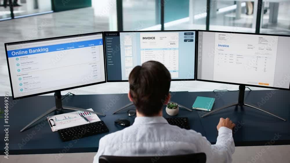 Poster accountant using finance e invoice software