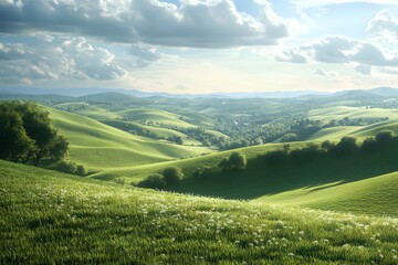 Obraz premium Lush green hills under a bright sky with scattered clouds.